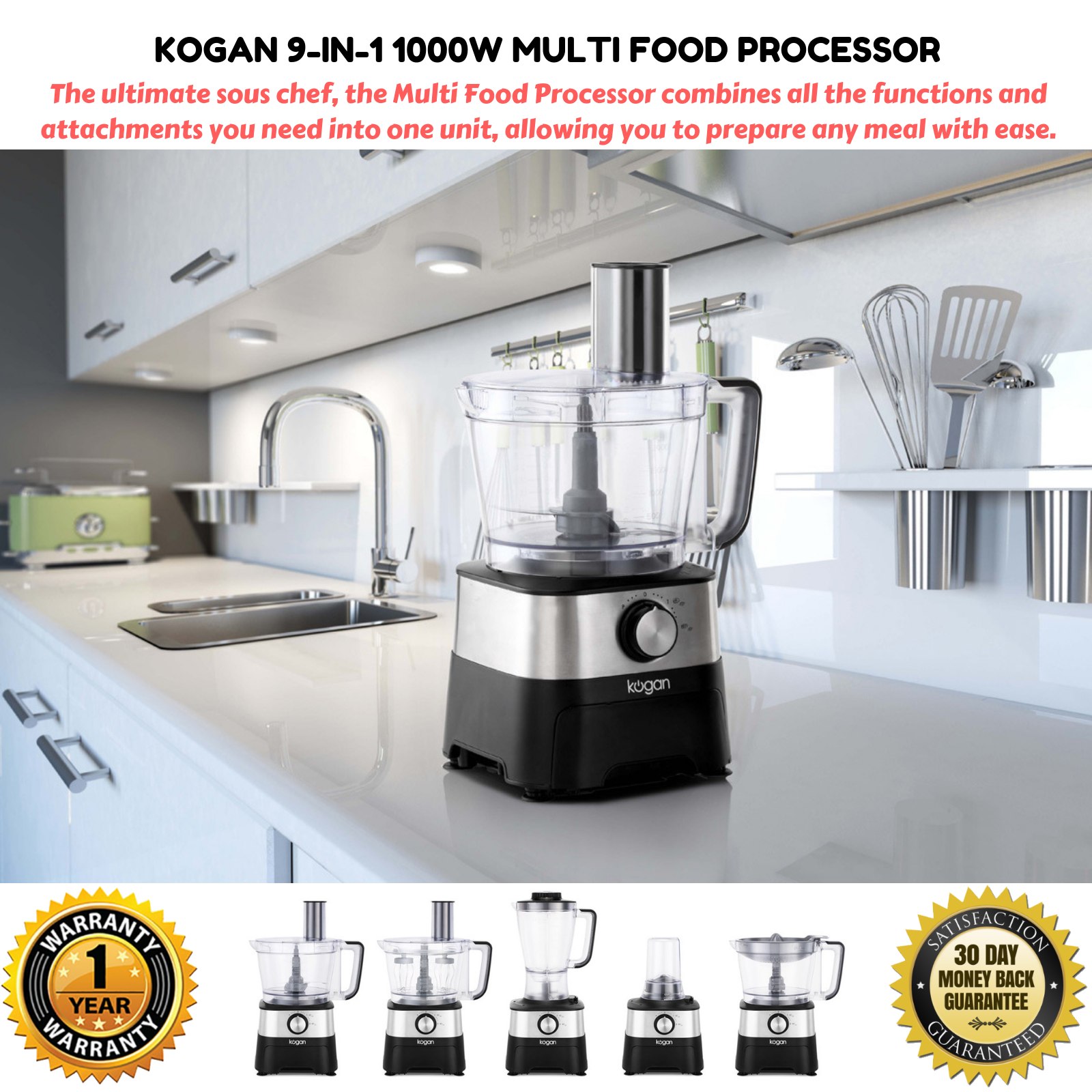 Kogan 1000W Multi Food Processor Stainless Steel Food Prep for Cut Cut